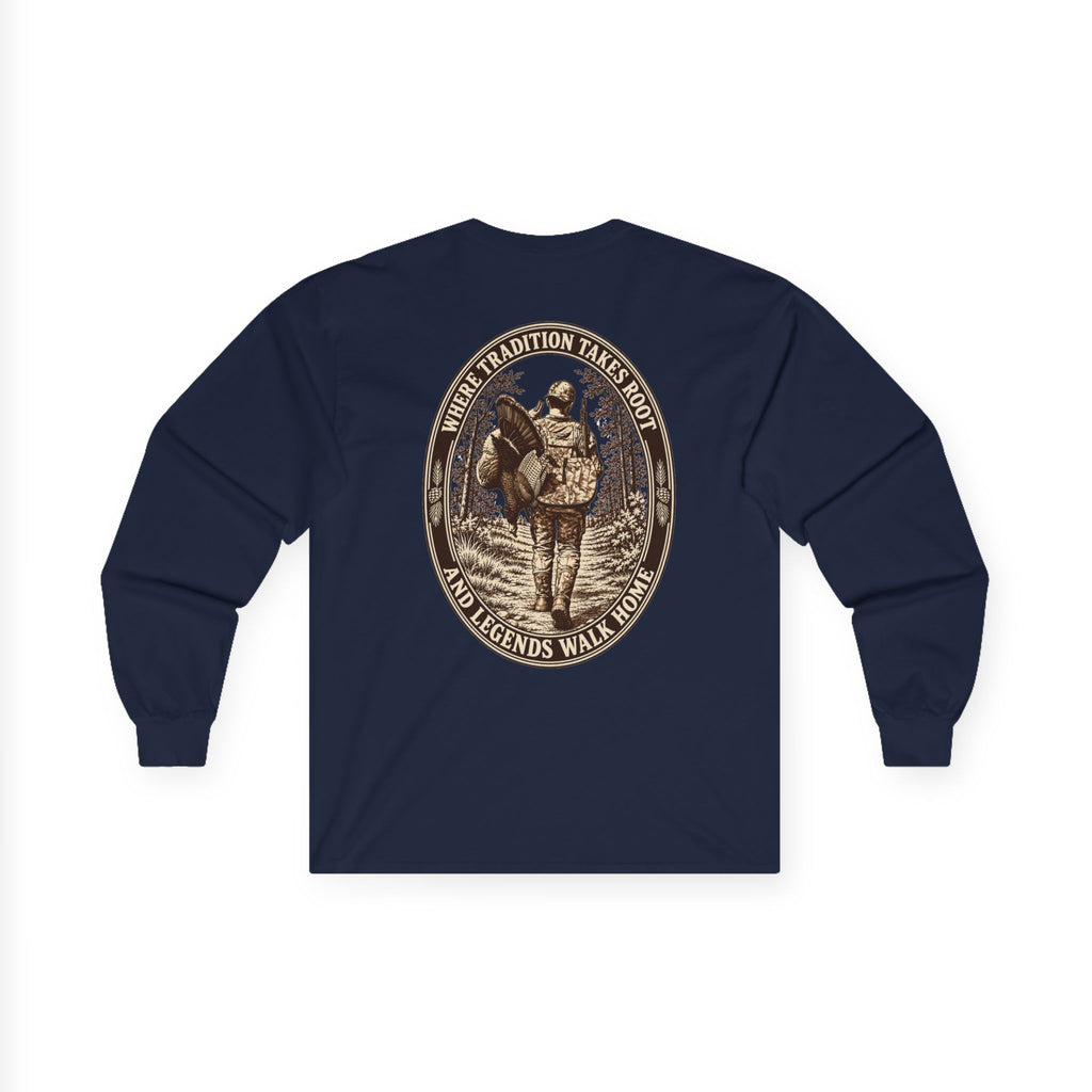 Long Sleeve Tee — 'Tradition Turns Road to Legends' Vintage Hiker Graphic