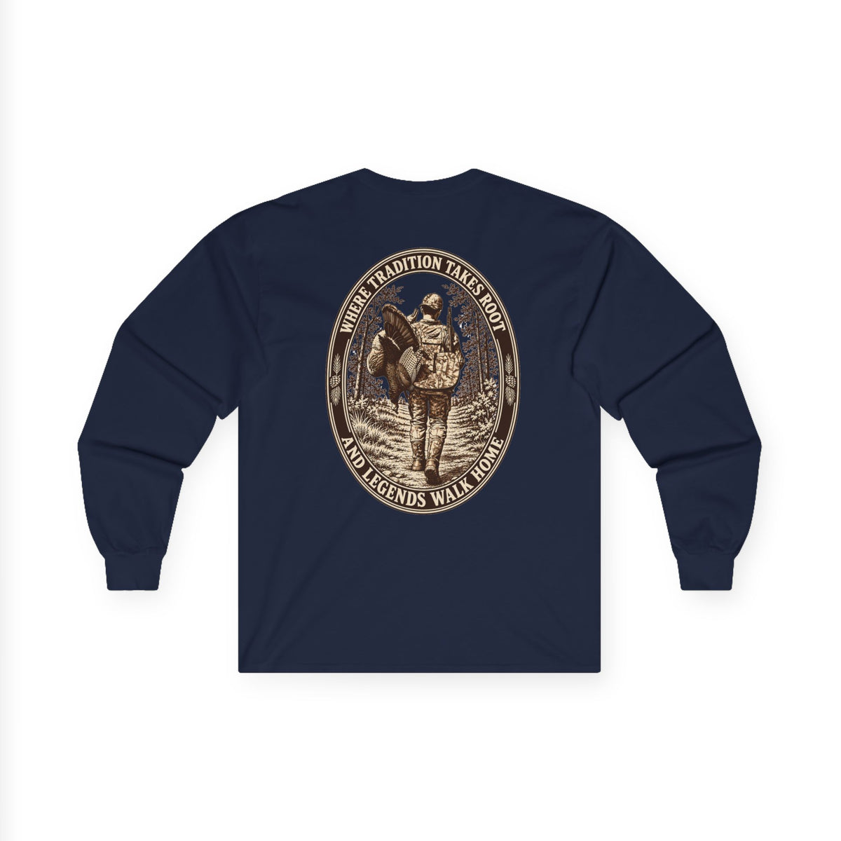Long Sleeve Tee — 'Tradition Turns Road to Legends' Vintage Hiker Graphic