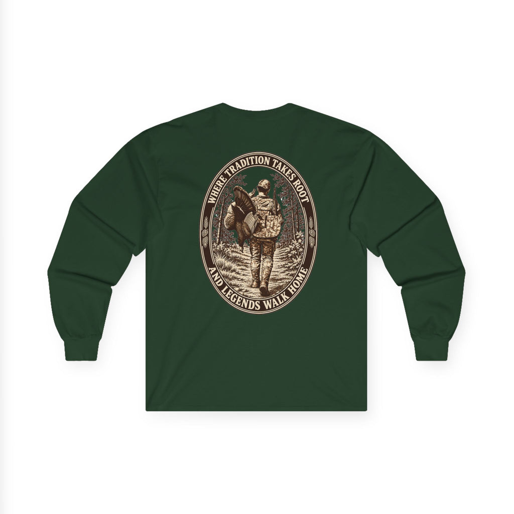 Long Sleeve Tee — 'Tradition Turns Road to Legends' Vintage Hiker Graphic
