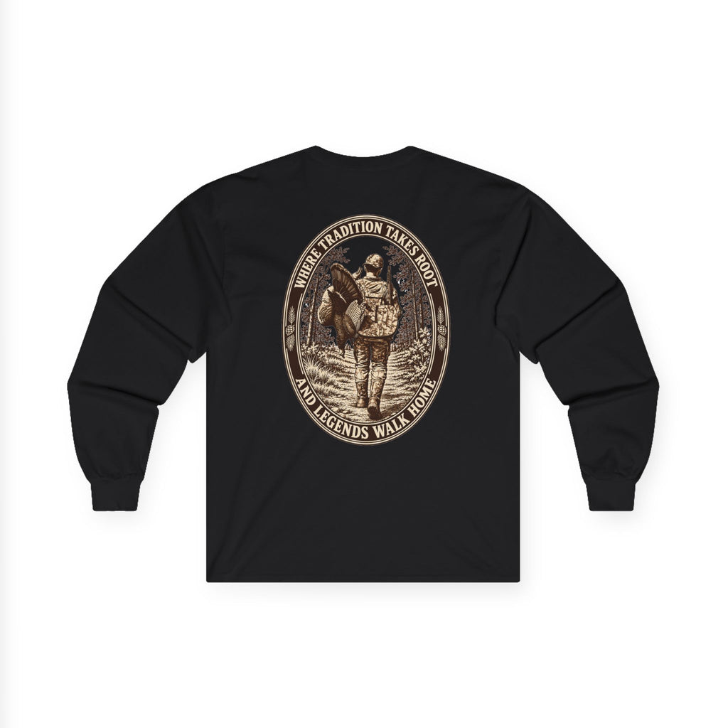Long Sleeve Tee — 'Tradition Turns Road to Legends' Vintage Hiker Graphic