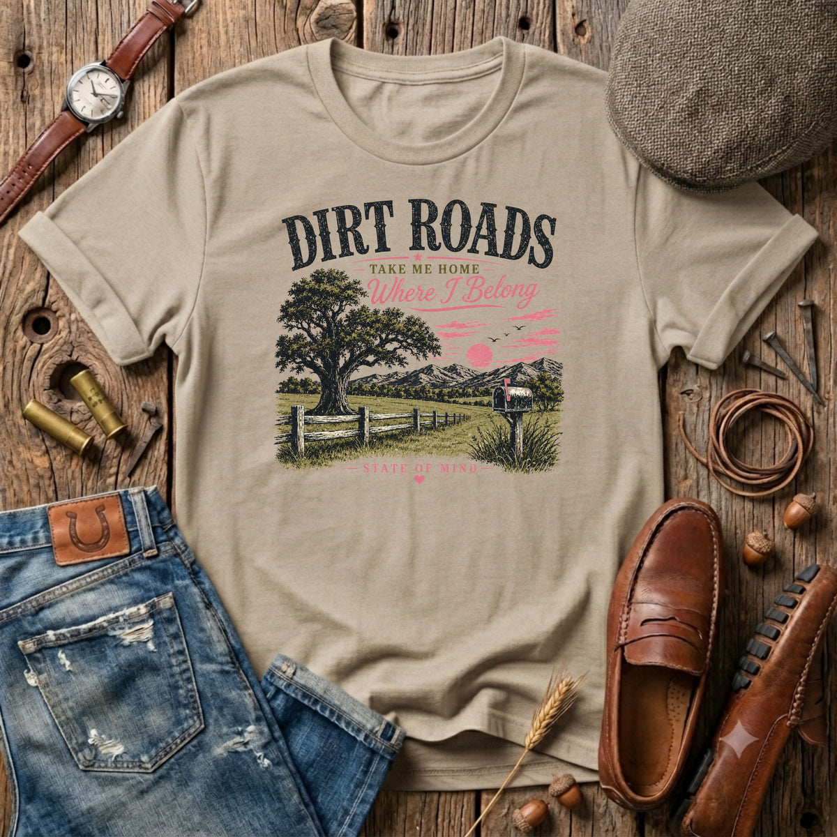 Dirt roads take me home where I belong pink T-Shirt